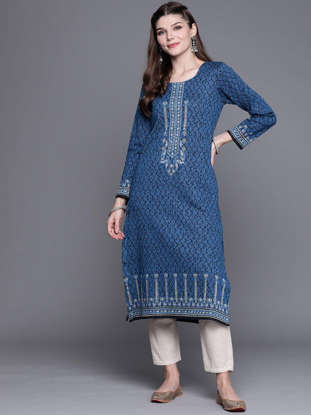 biba women blue ethnic woven design winter kurta