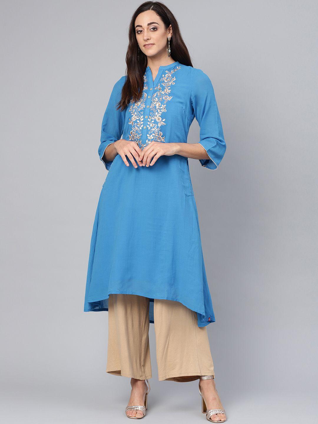 biba women blue floral yoke design gotta patti a-line kurta