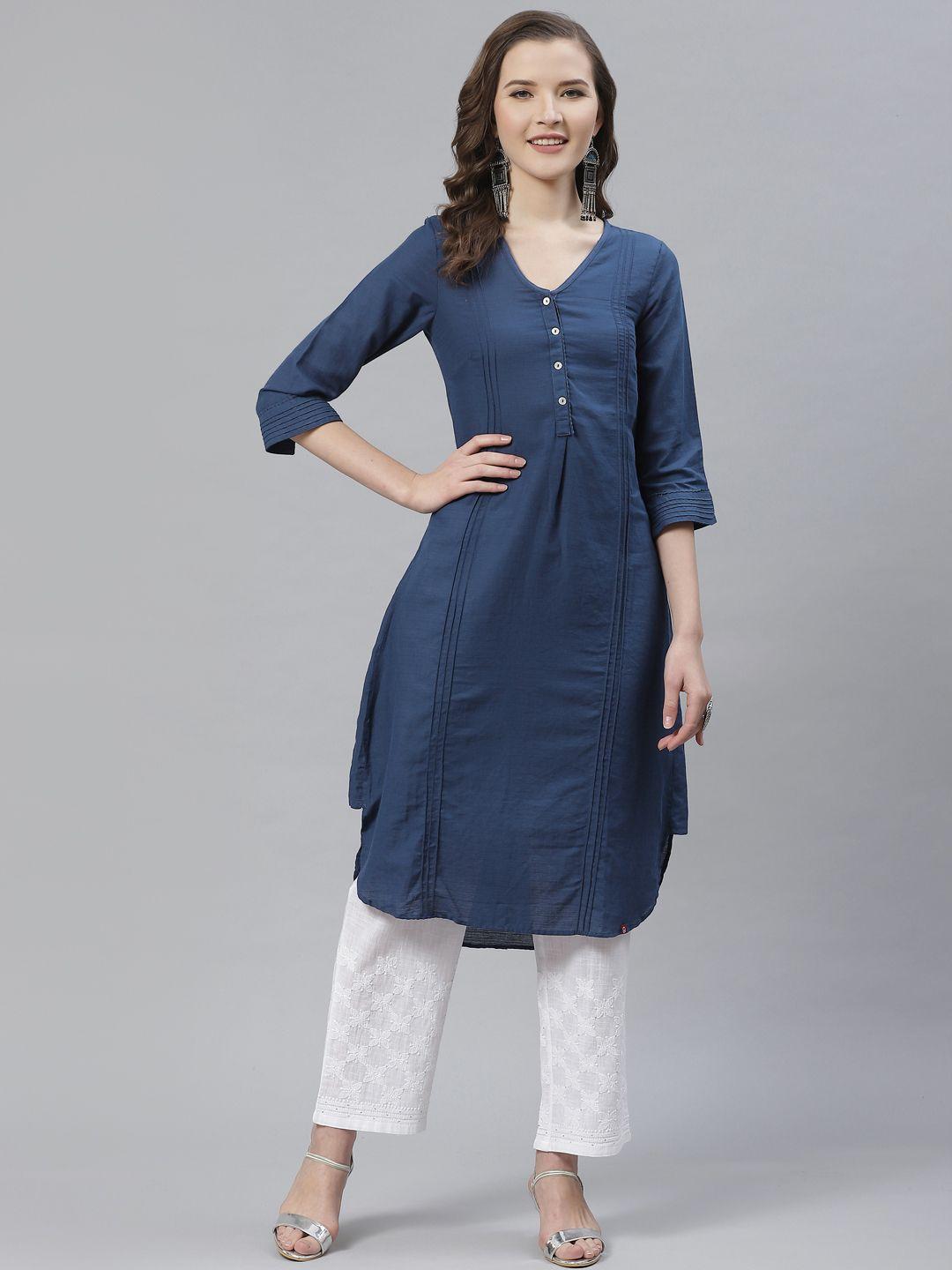 biba women blue solid straight kurta