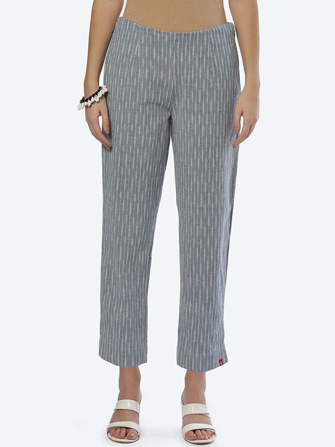 biba women blue striped smart straight fit cotton trouser