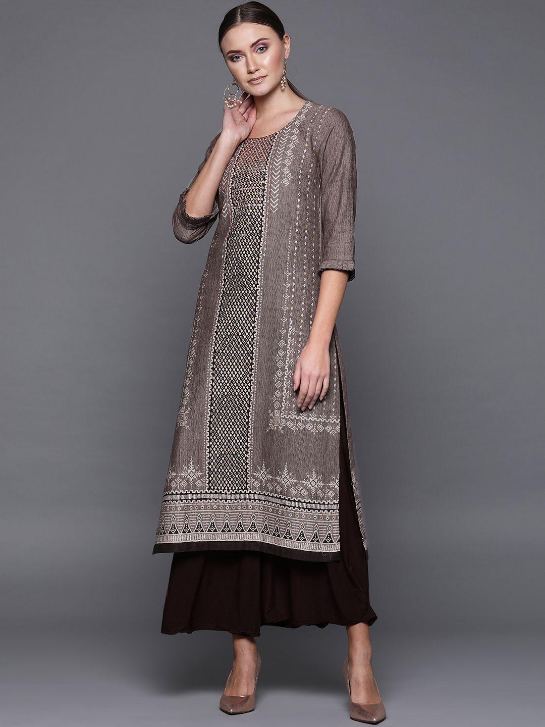 biba women brown & beige printed straight kurta