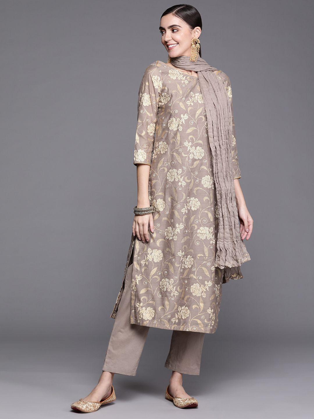 biba women brown & golden pure cotton ethnic motifs printed kurta & trousers with dupatta