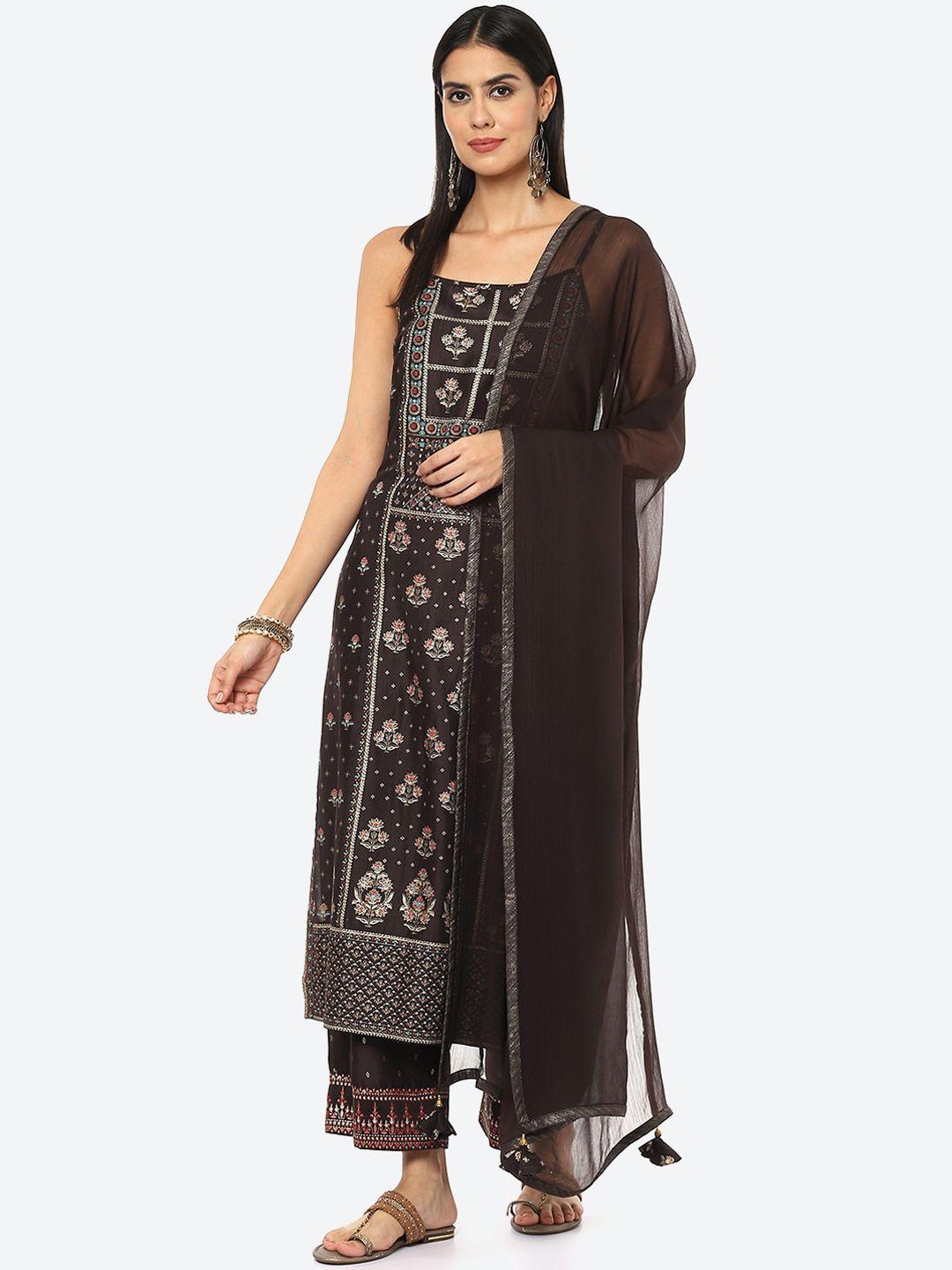 biba women brown ethnic motifs printed kurta with palazzo & with dupatta