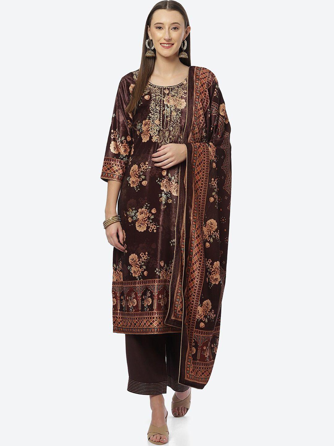 biba women brown floral printed thread work velvet kurta with palazzo & dupatta set