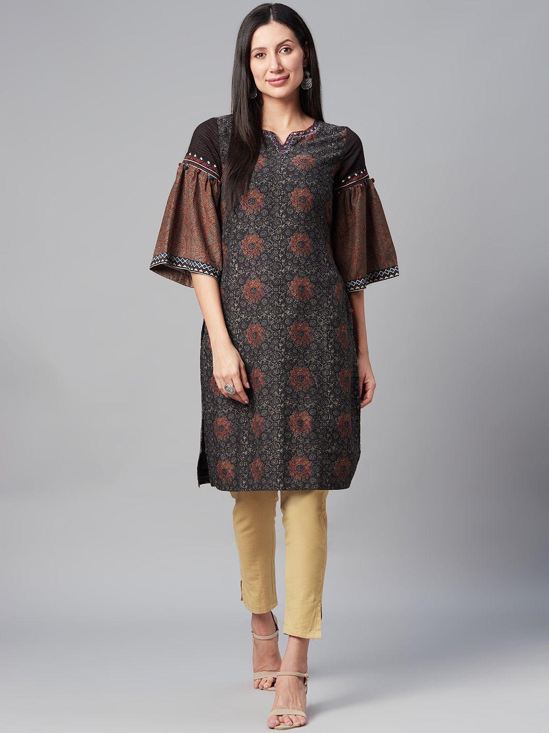 biba women charcoal grey & beige bell sleeves printed kurta