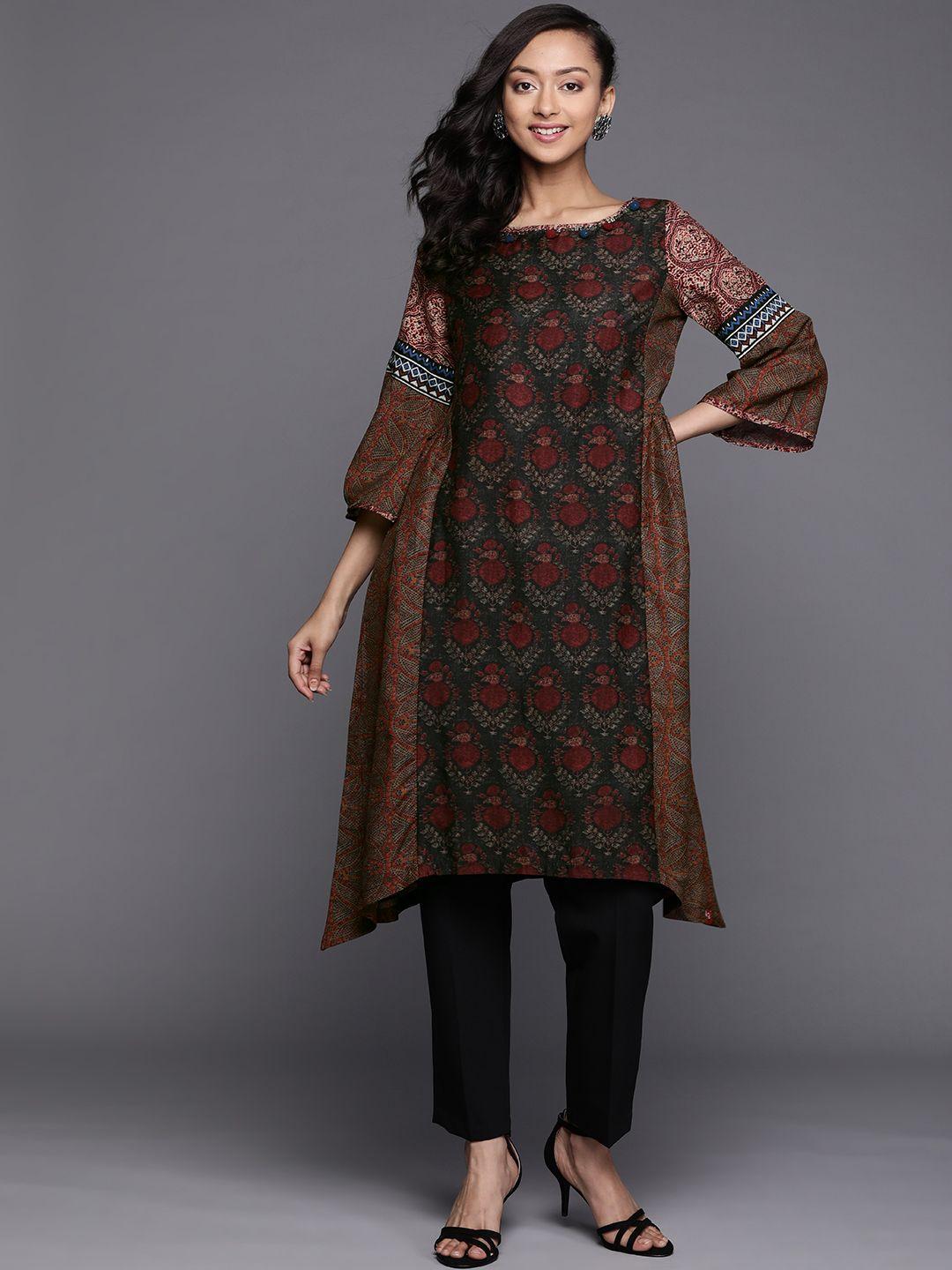 biba women charcoal grey & maroon ethnic motifs printed asymmetric bell sleeves kurta