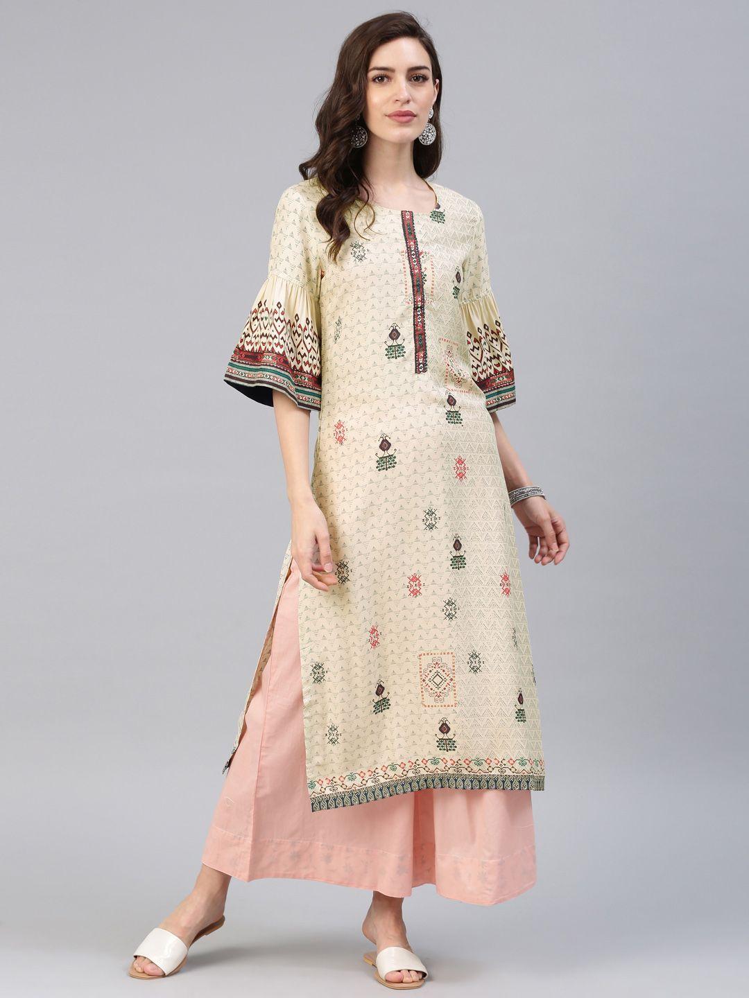 biba women cream-coloured & grey printed a-line kurta