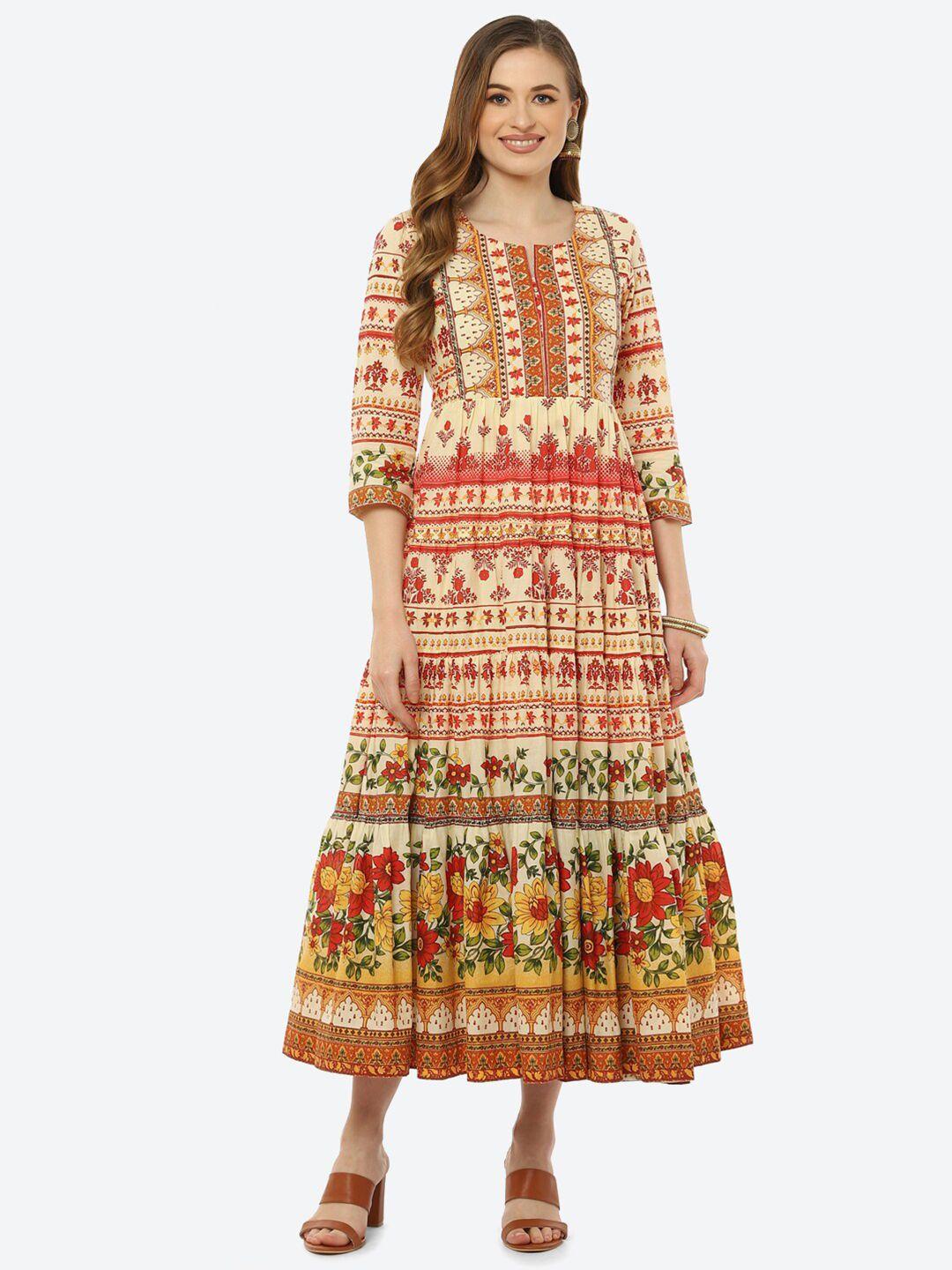 biba women cream-coloured & orange floral ethnic midi dress