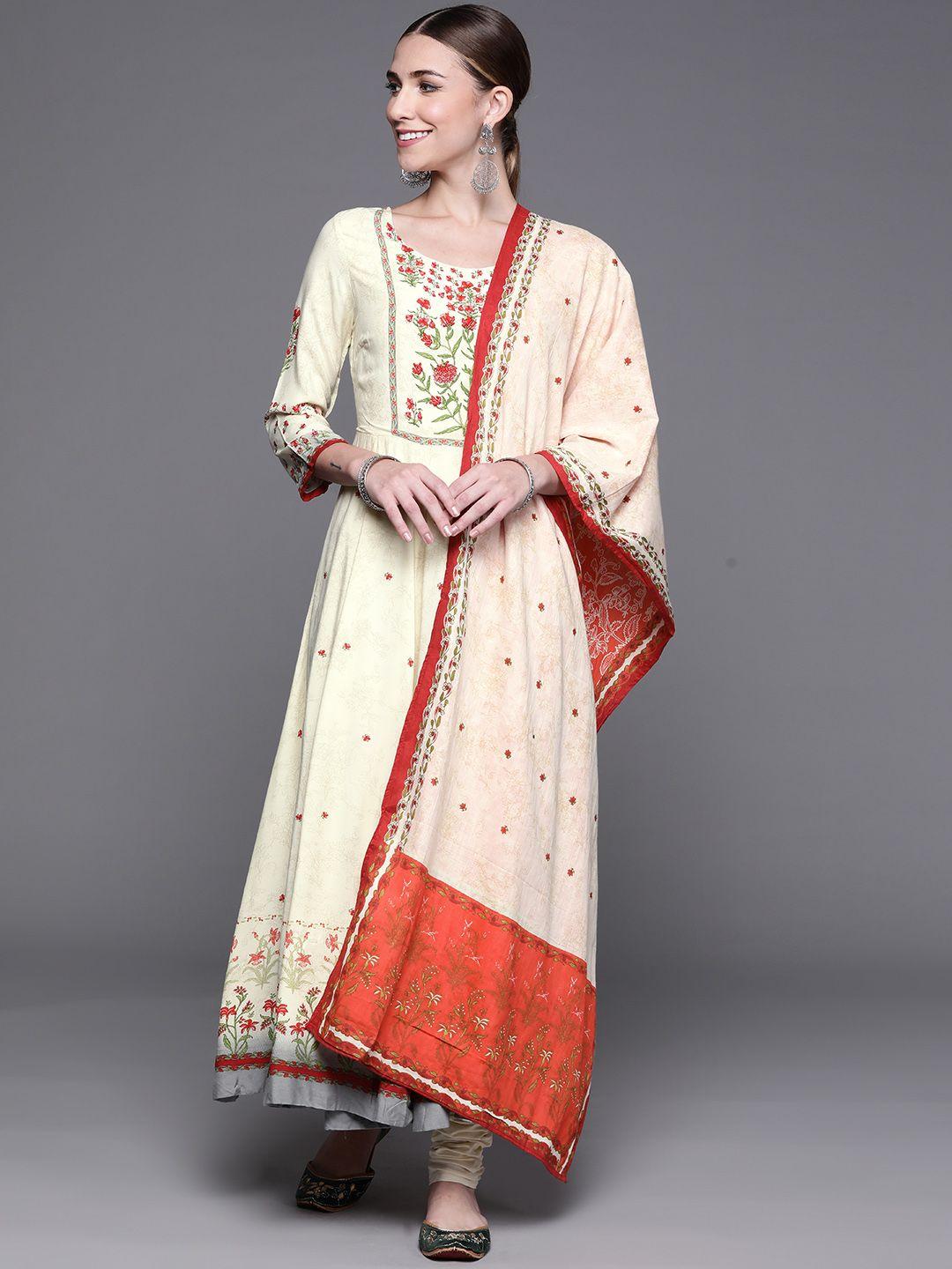 biba women cream-coloured & red floral printed panelled kurta with churidar & dupatta