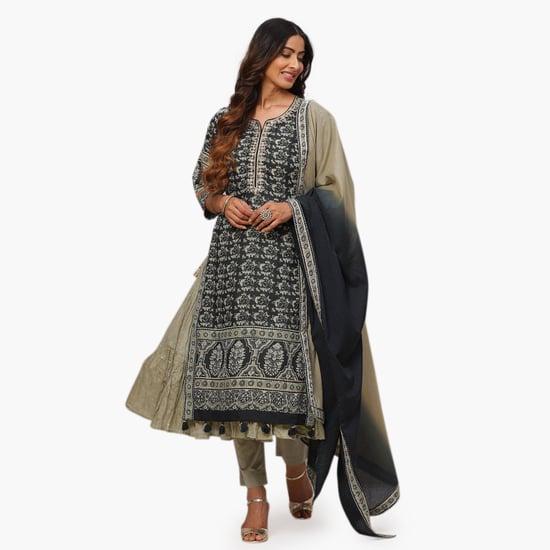 biba women embellished layered kurta with straight pants and dupatta