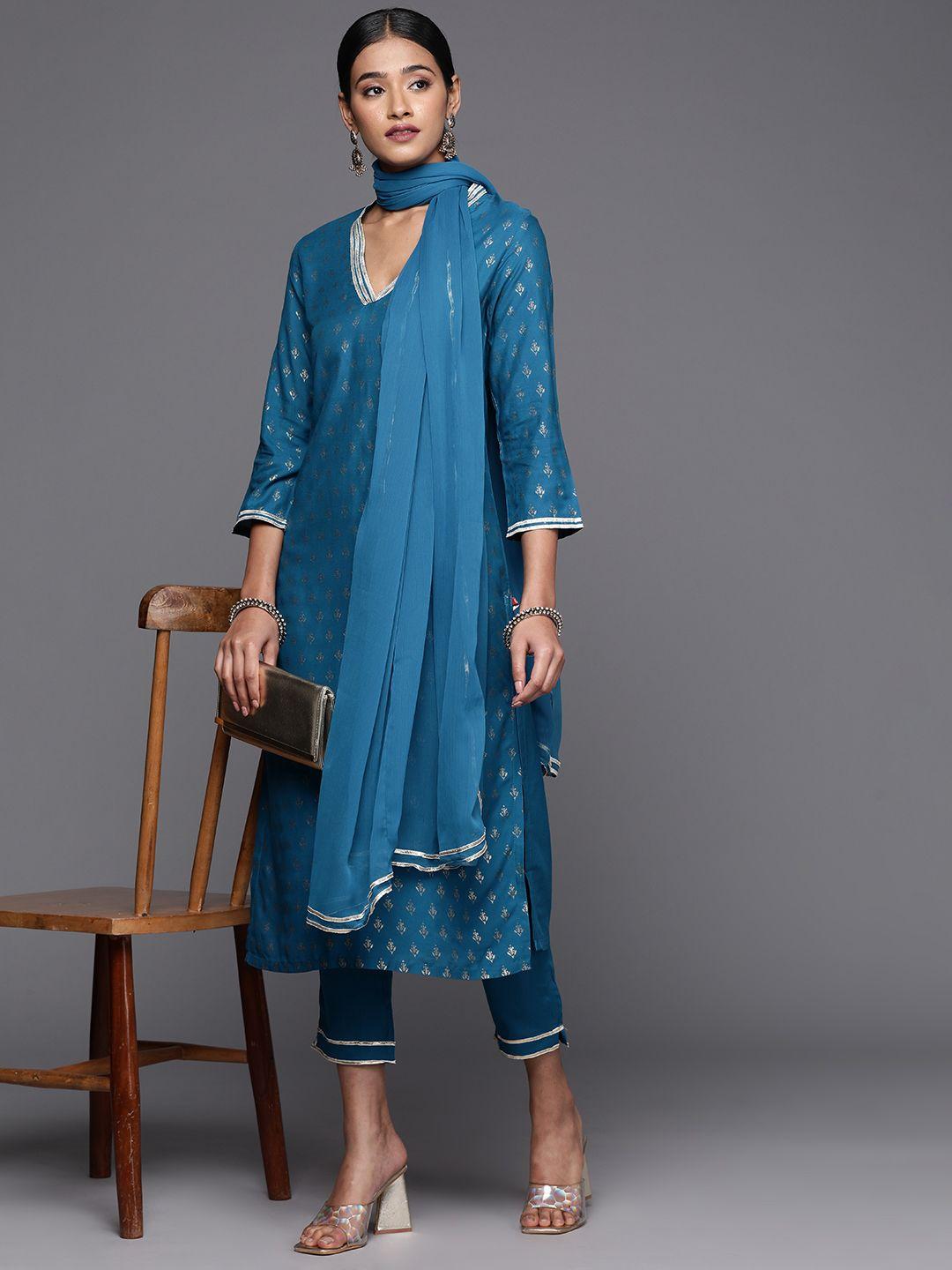 biba women ethnic motifs print gotta patti kurta with trousers & dupatta