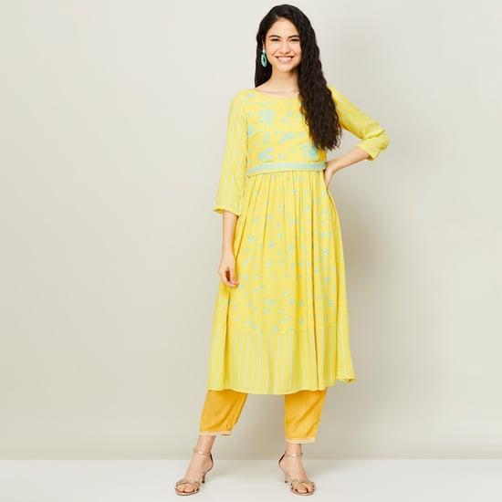 biba women floral embroidered belted a-line kurta