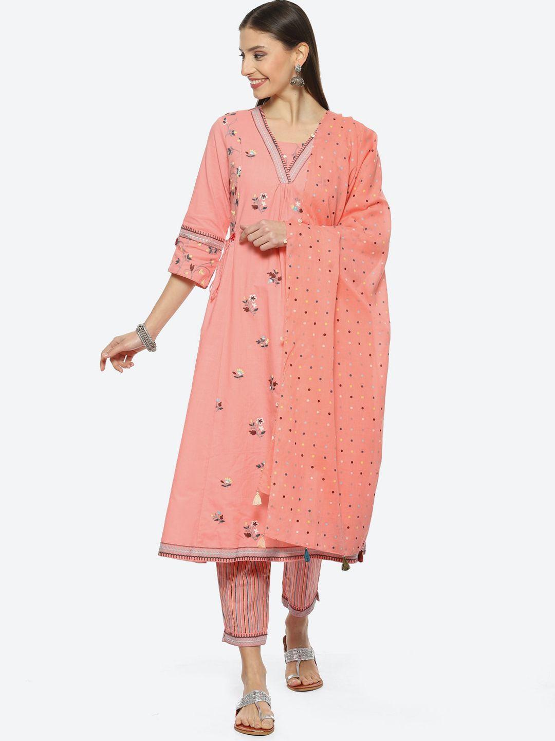 biba women floral embroidered thread work kurta with trousers & with dupatta