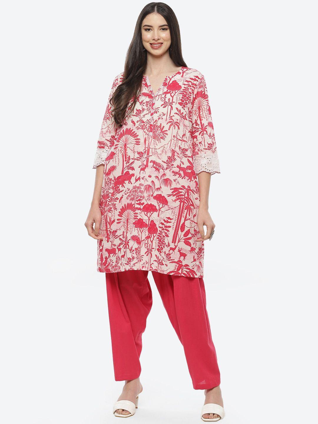 biba women fuchsia floral printed pure cotton kurti with patiala