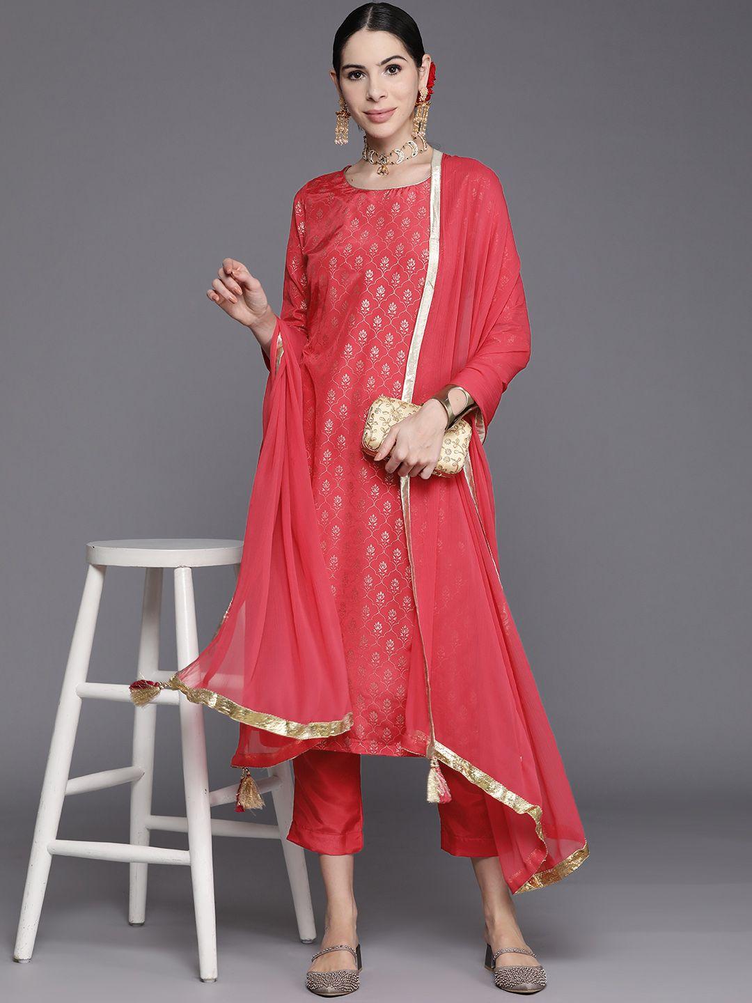 biba women fuchsia pink & golden ethnic motifs print cotton kurta with trousers & dupatta