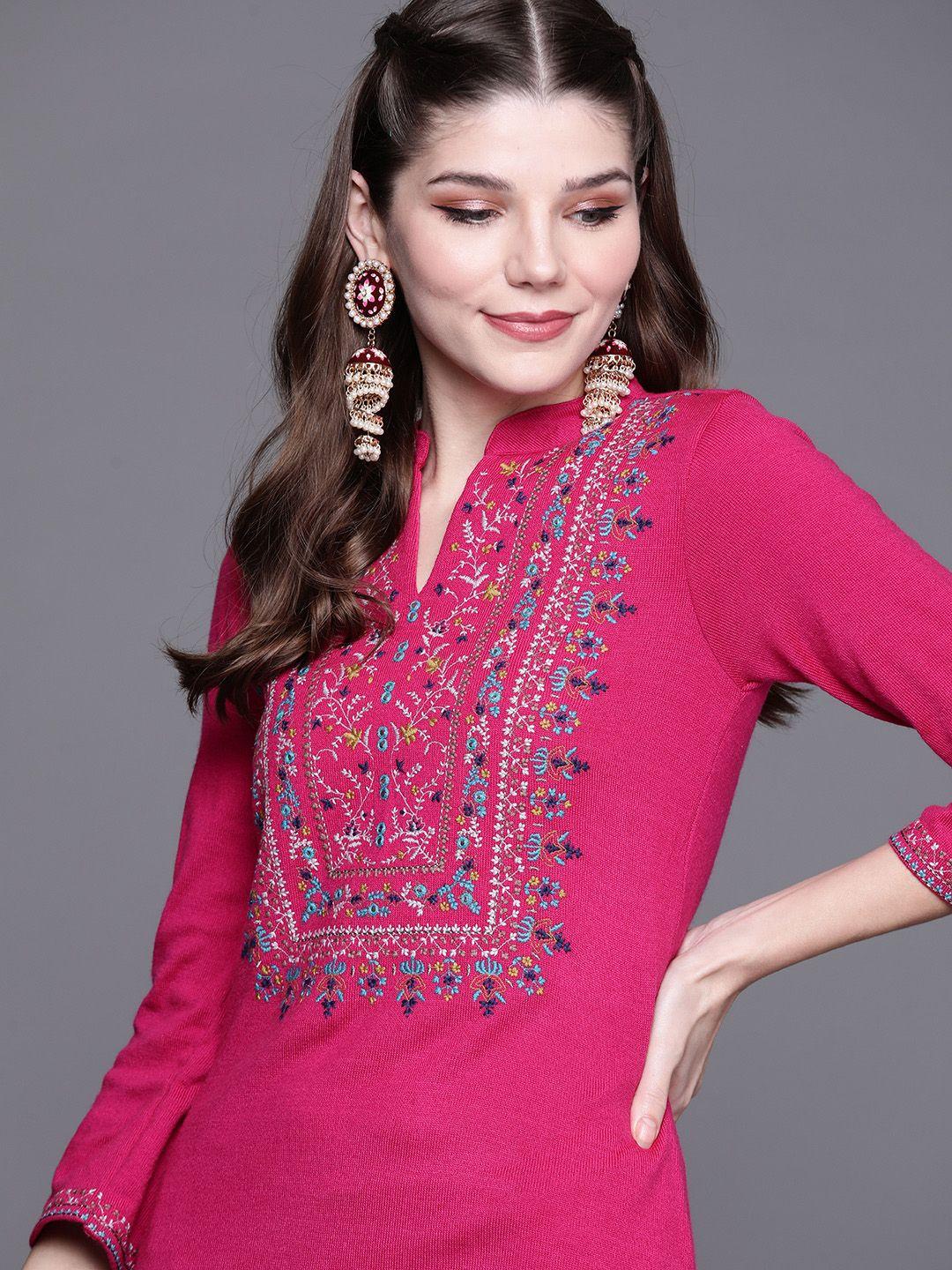 biba women fuchsia pink embroidered winter kurta