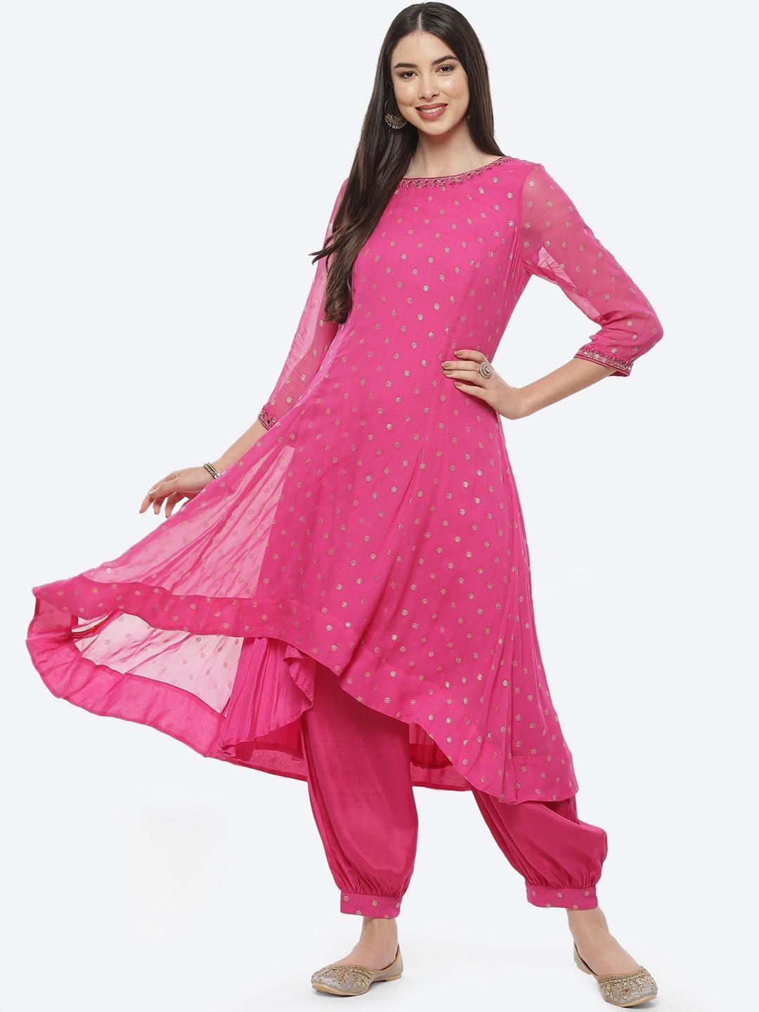 biba women fuchsia printed anarkali kurta with salwar