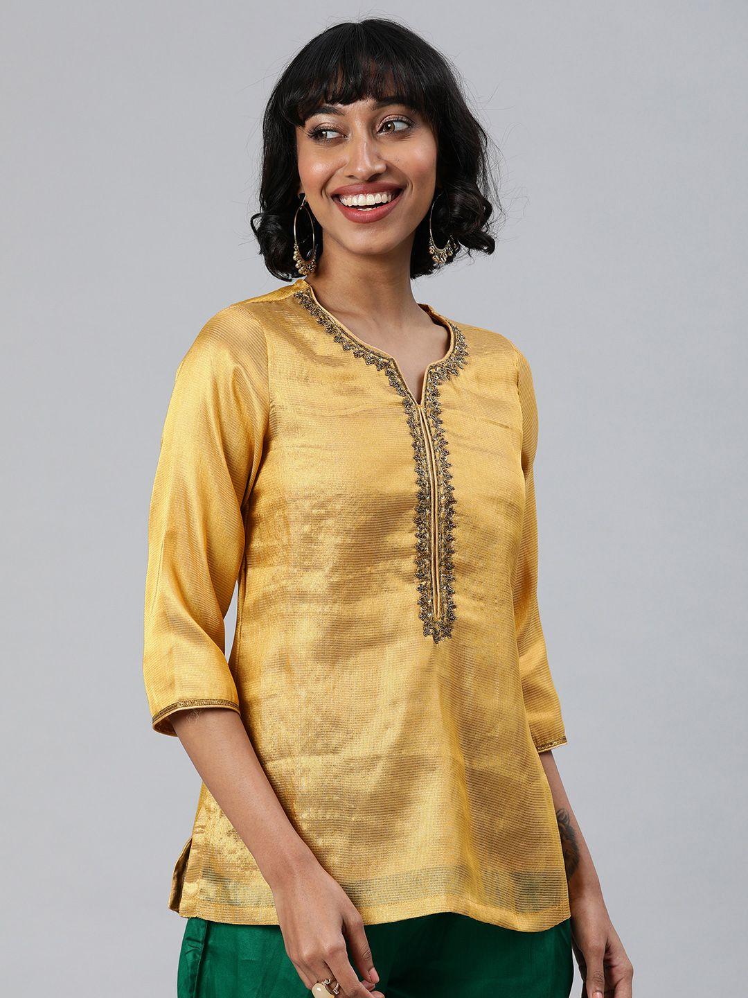 biba women golden solid straight kurti