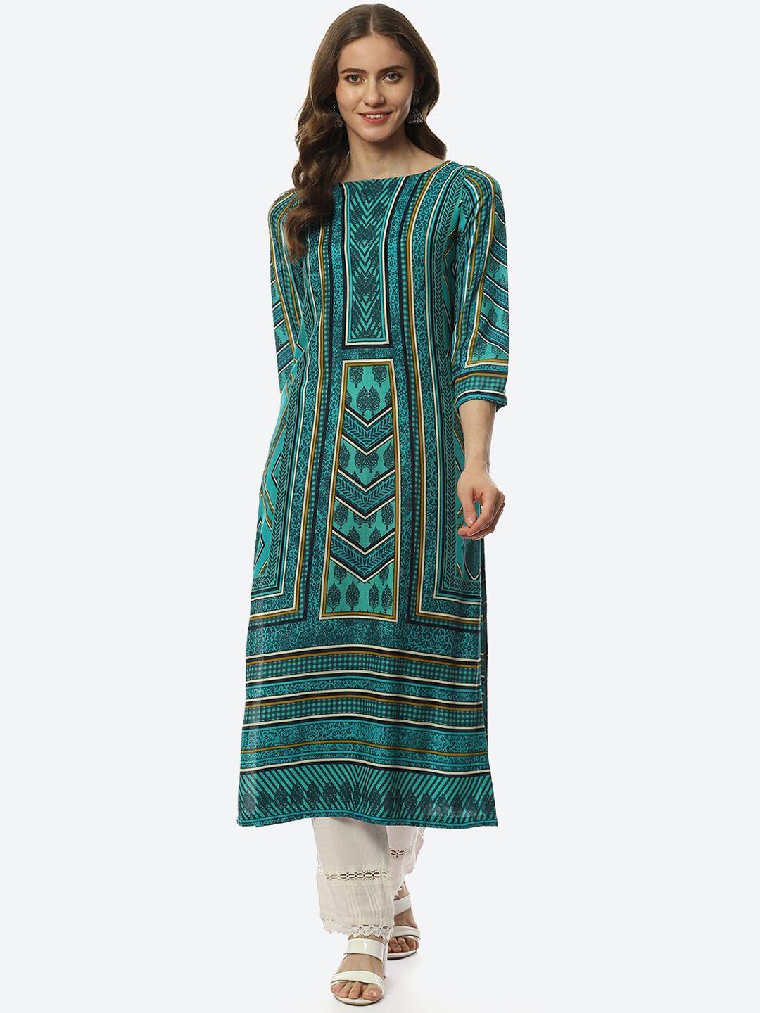 biba women green & black printed straight kurta