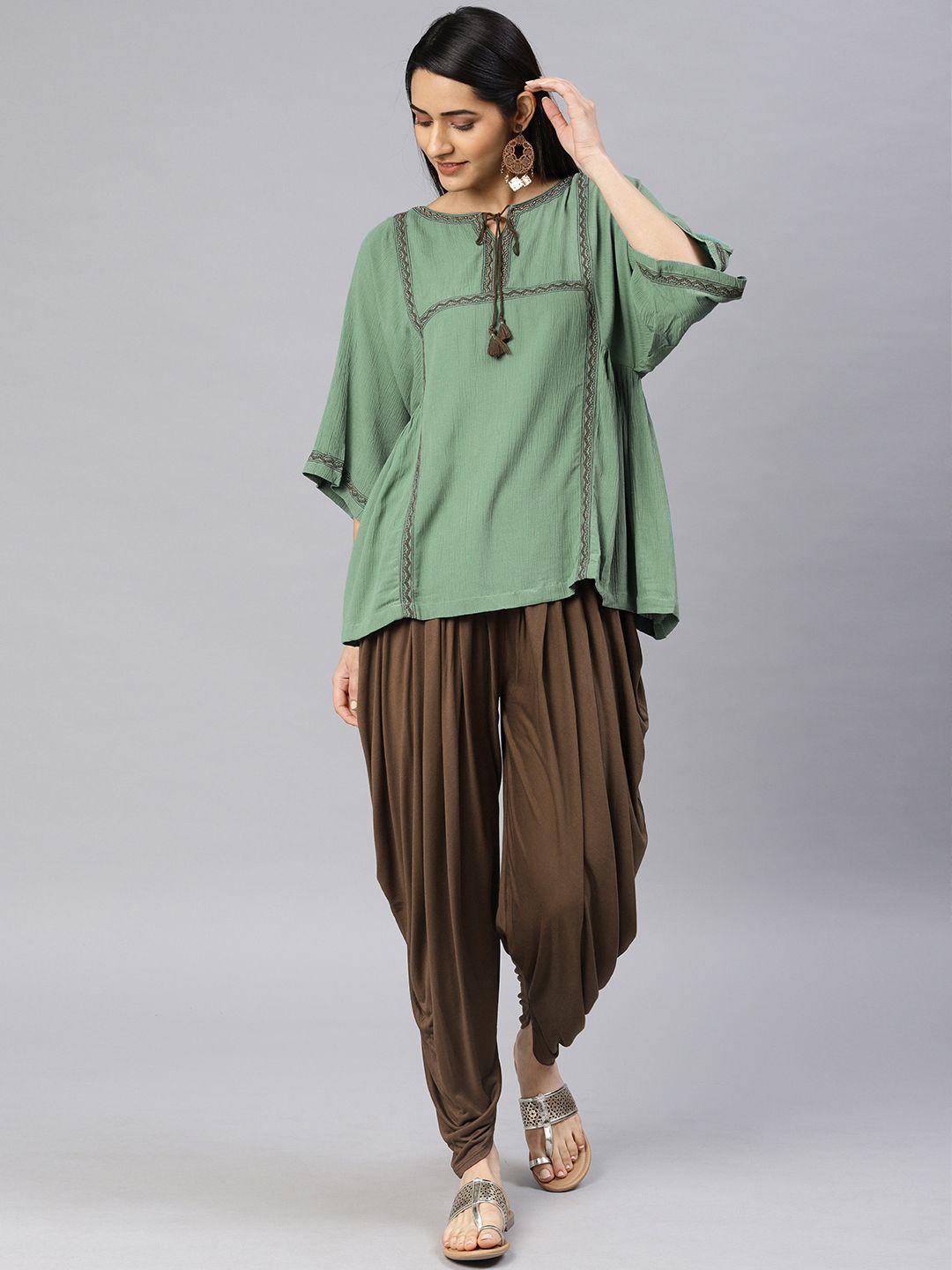 biba women green & brown embroidered tunic with dhoti pants