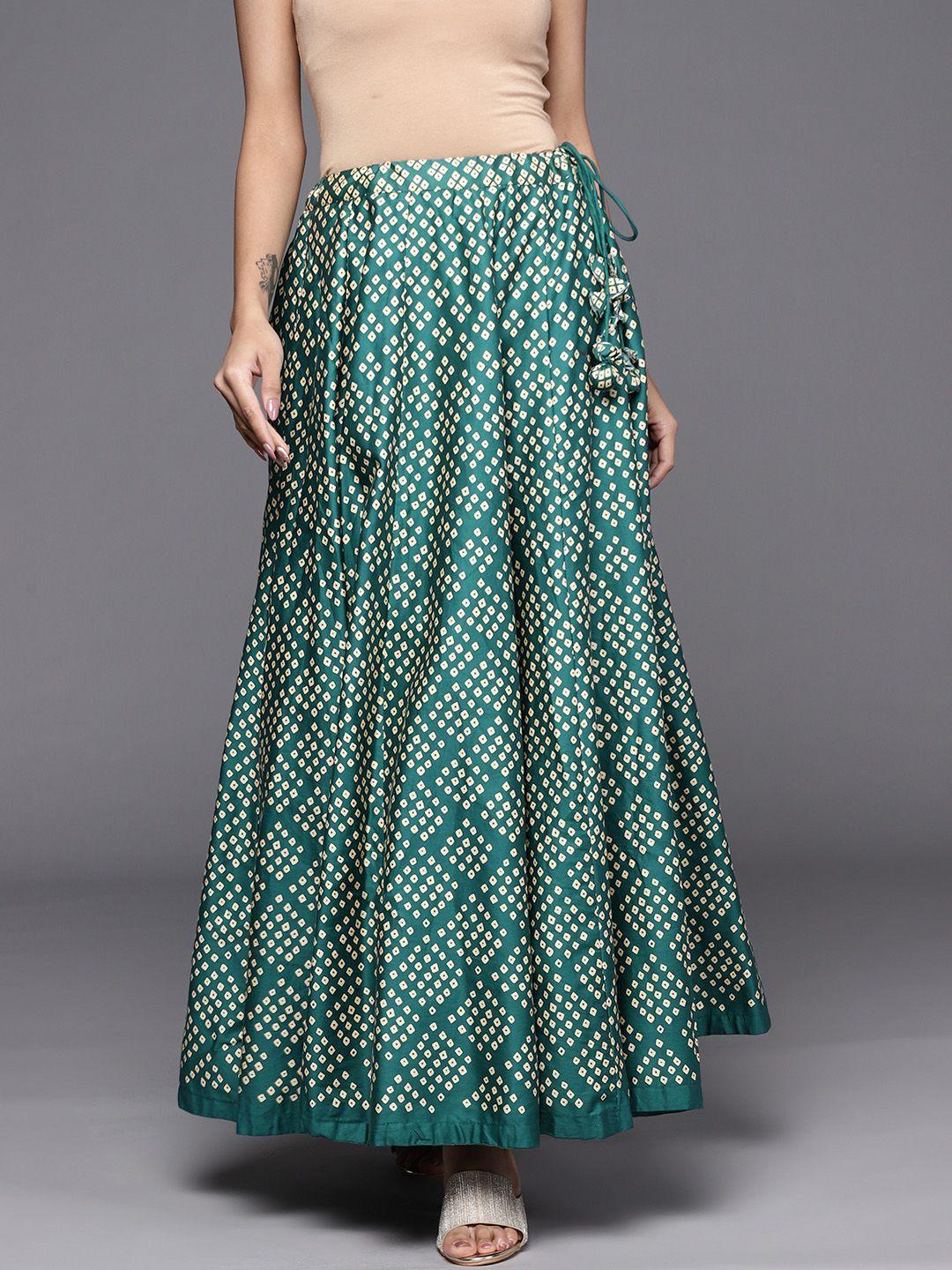 biba women green & cream-coloured pure cotton printed maxi flared ethnic skirt