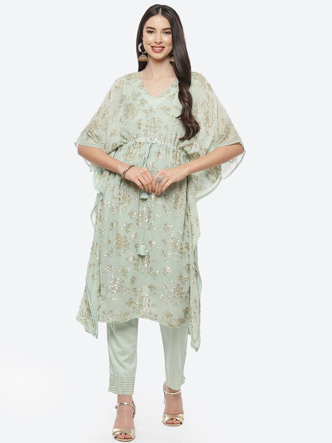 biba women green & gold-toned floral embroidered pleated kurta with trousers