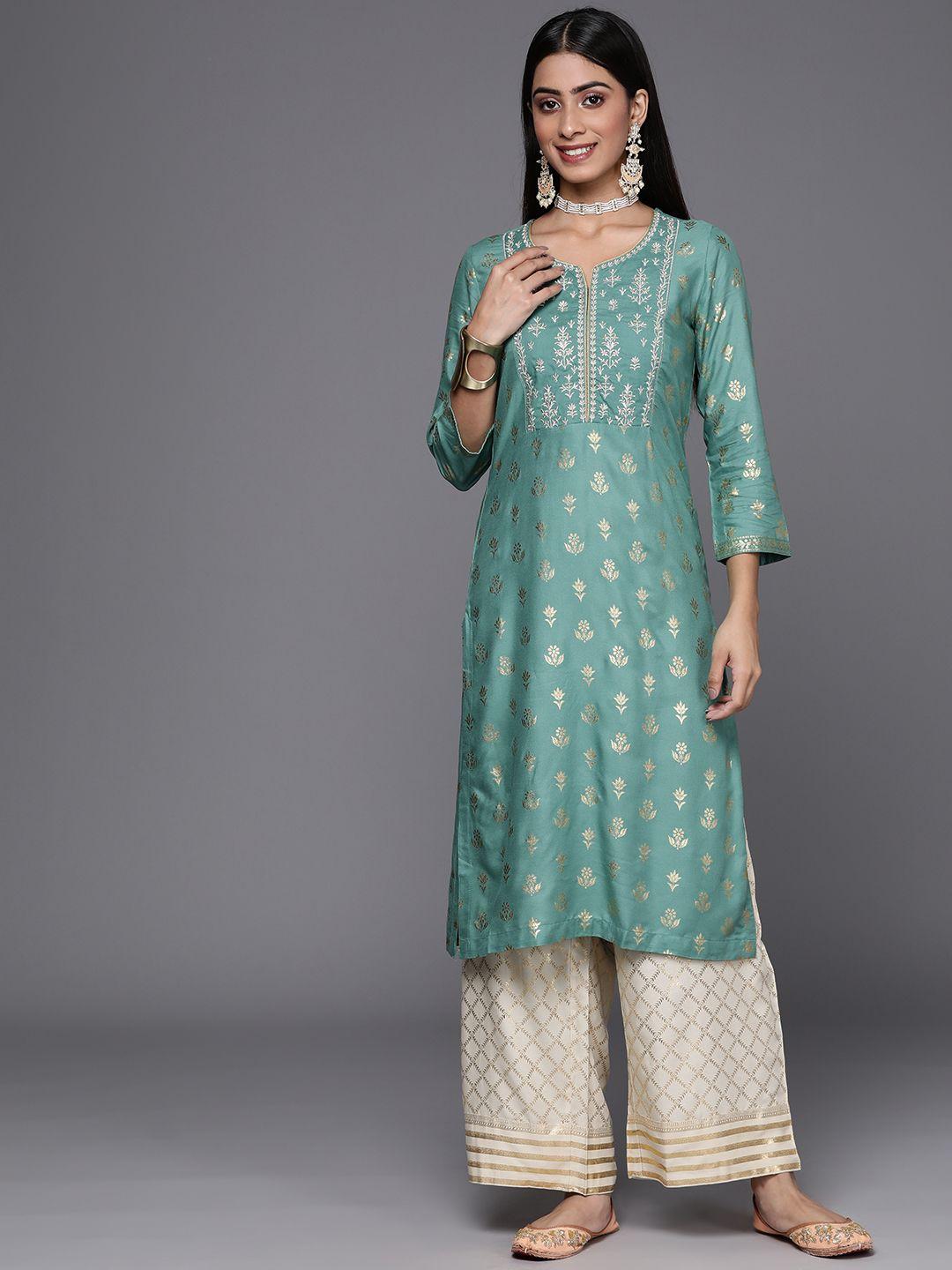 biba women green & golden ethnic motifs printed thread work kurta with palazzos