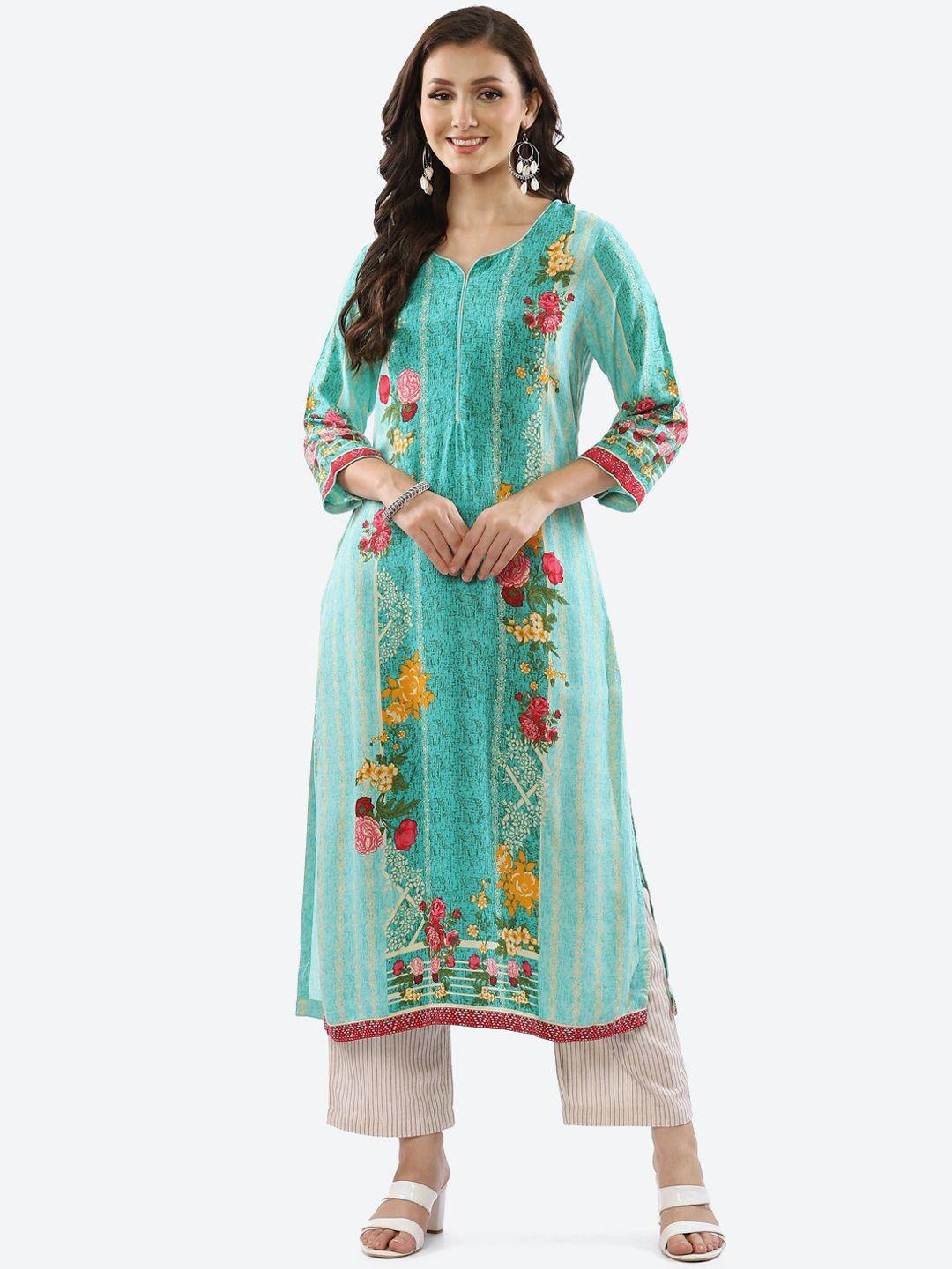 biba women green & red floral printed kurta