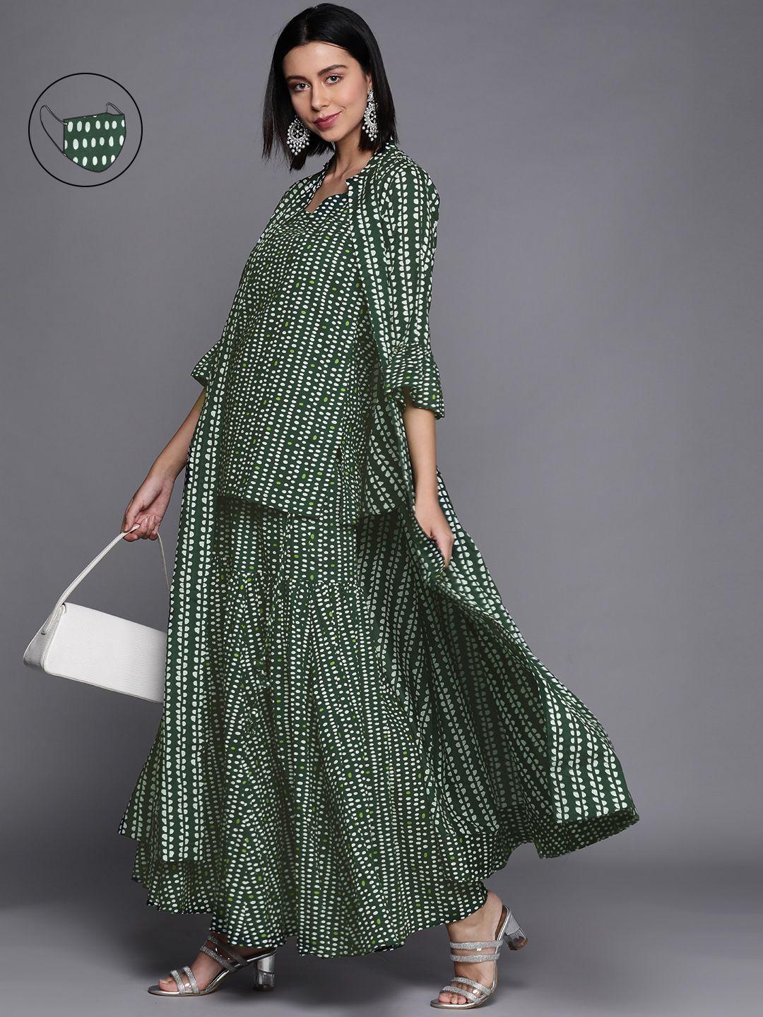 biba women green & white printed layered pure cotton kurti with sharara