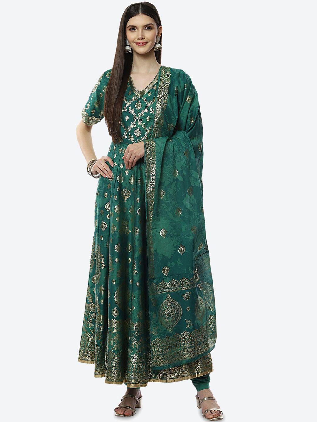 biba women green embellished empire kurta with churidar & with dupatta