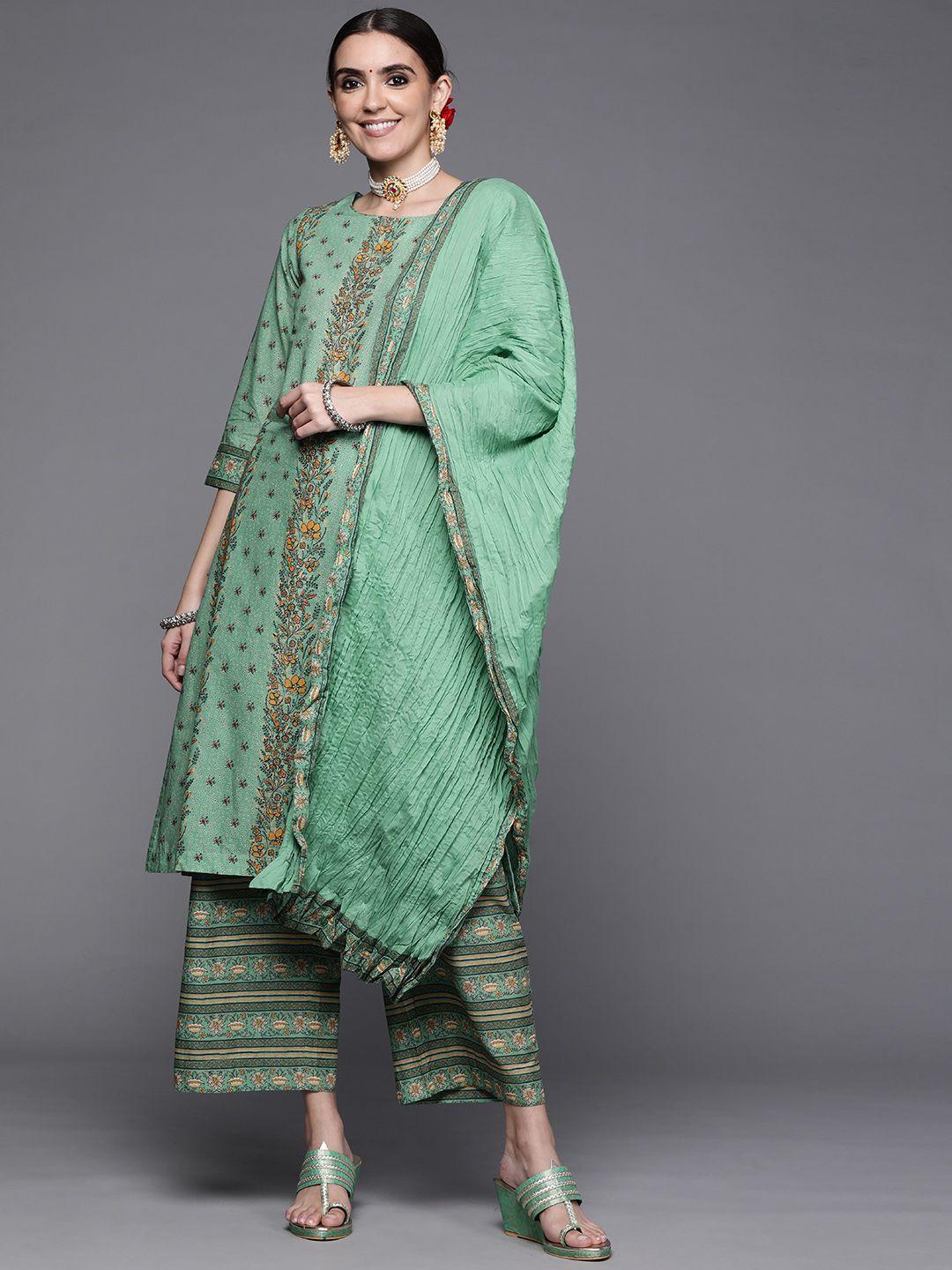 biba women green ethnic motifs printed pure cotton kurta with palazzos & with dupatta