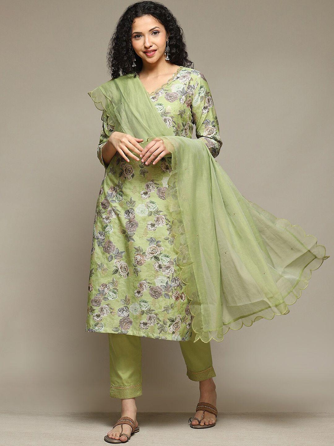 biba women green floral printed regular sequinned kurta with trousers & with dupatta