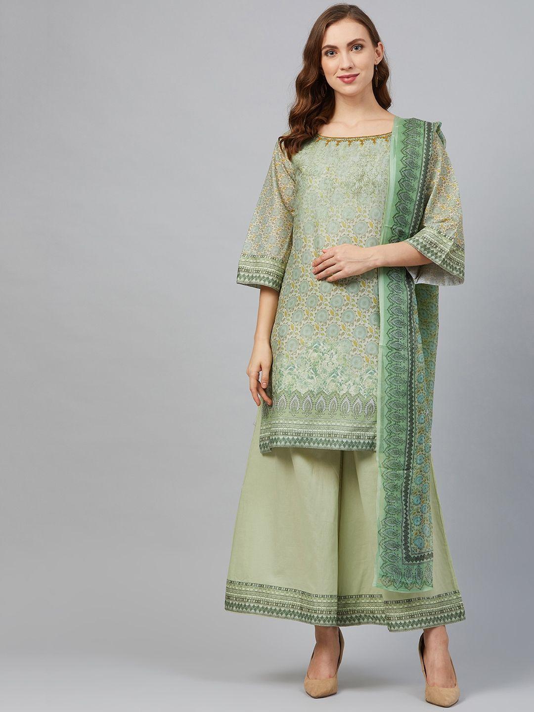 biba women green printed kurta with palazzos & dupatta