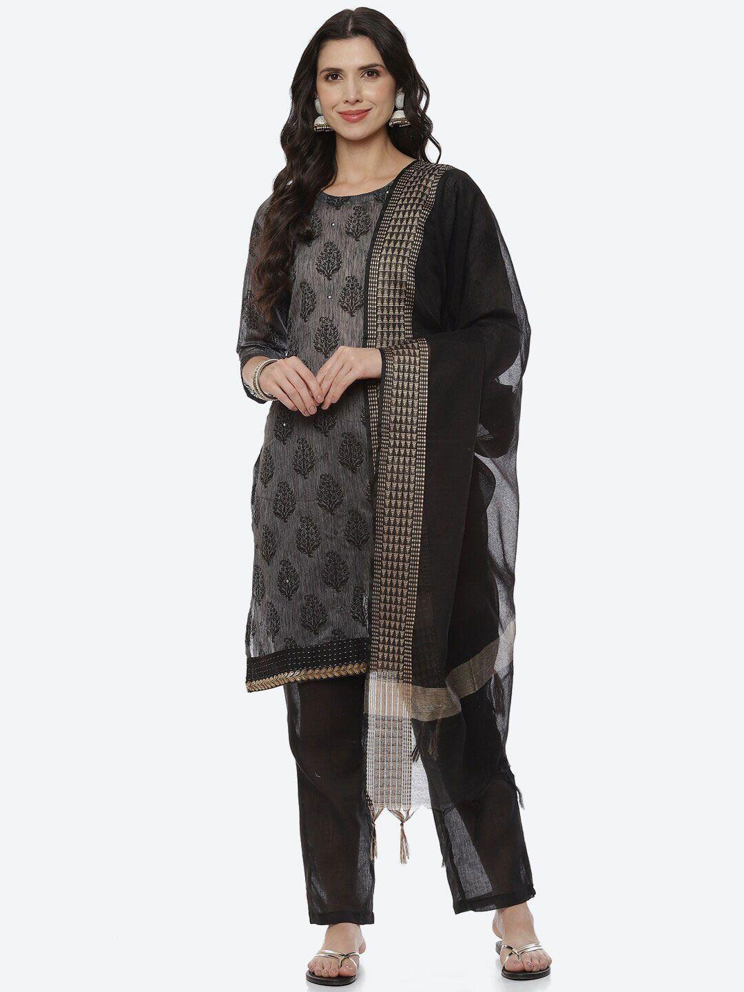 biba women grey & black woven design unstitched dress material