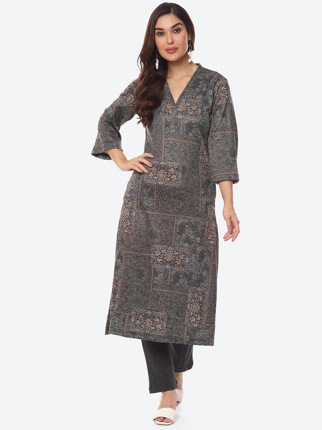 biba women grey floral printed straight fit kurta