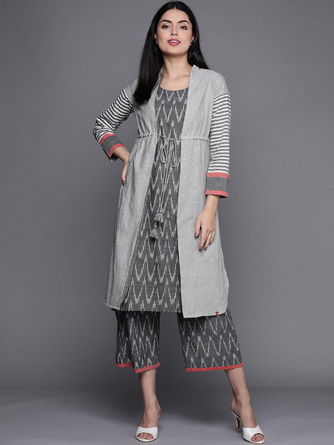 biba women grey striped layered pure cotton kurta with palazzos