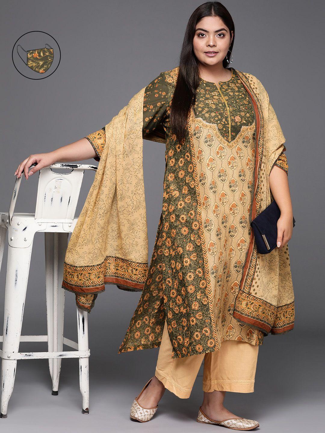 biba women khaki floral printed regular pure cotton plus size kurta sets