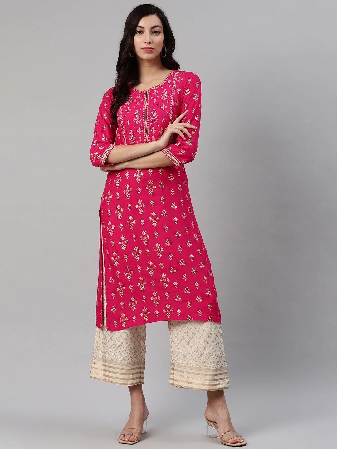 biba women magenta & golden printed kurta with palazzos