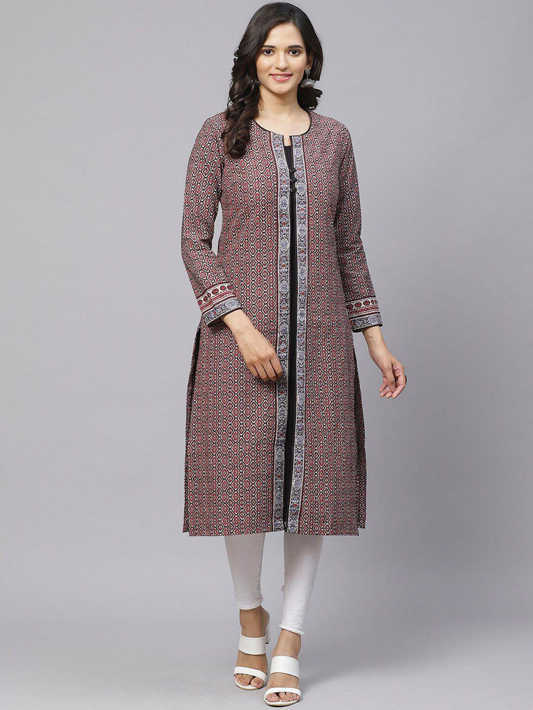 biba women maroon & black printed a-line kurta with ethnic jacket