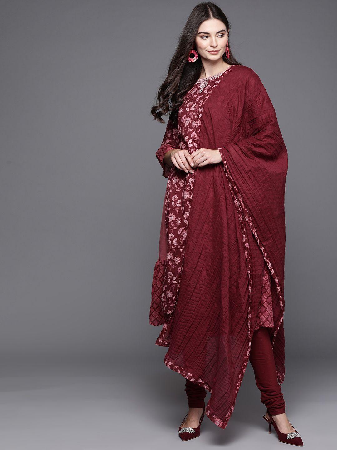 biba women maroon & pink printed pure cotton kurta with churidar & dupatta
