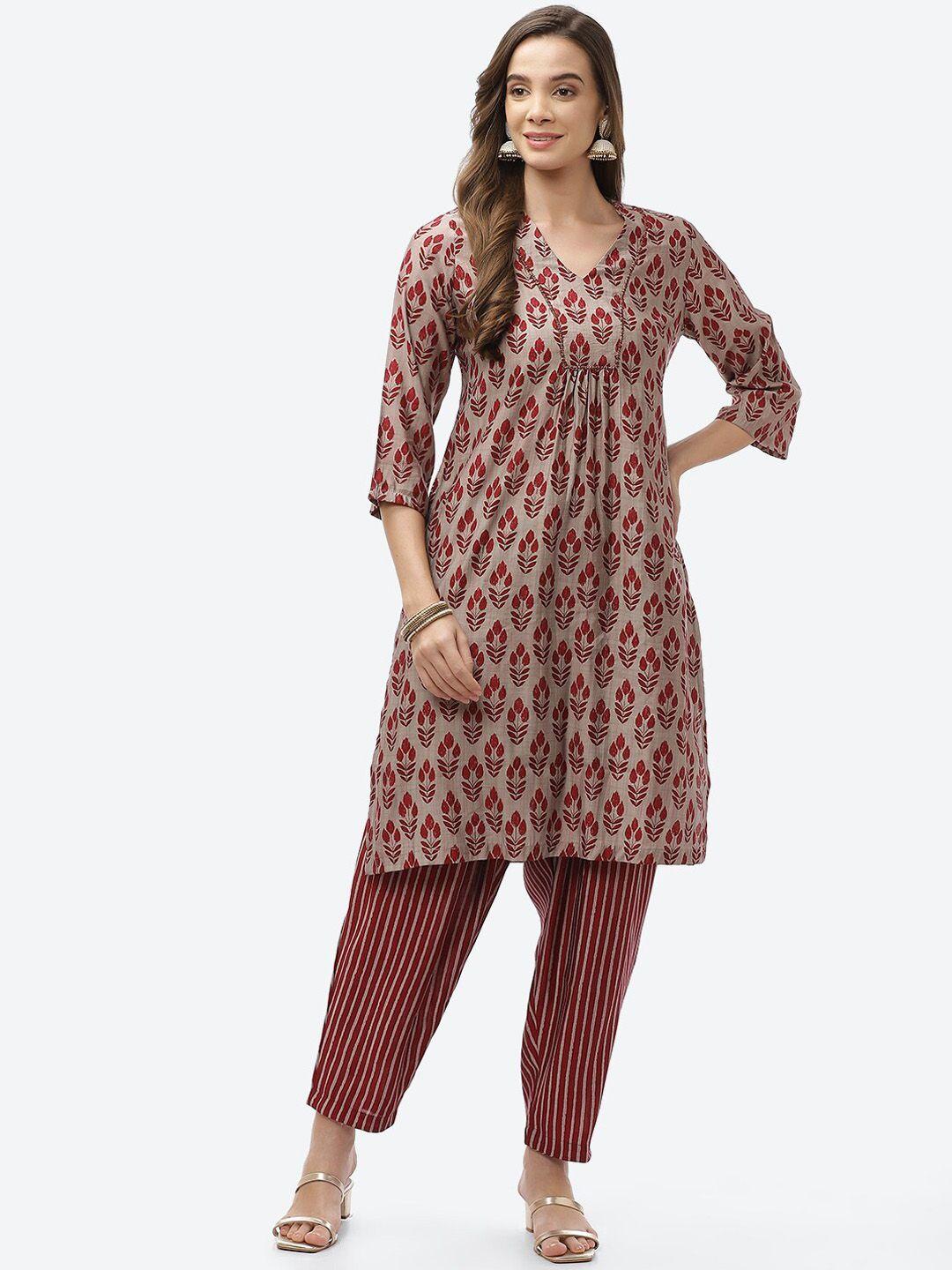 biba women maroon ethnic motifs printed kurta with trousers