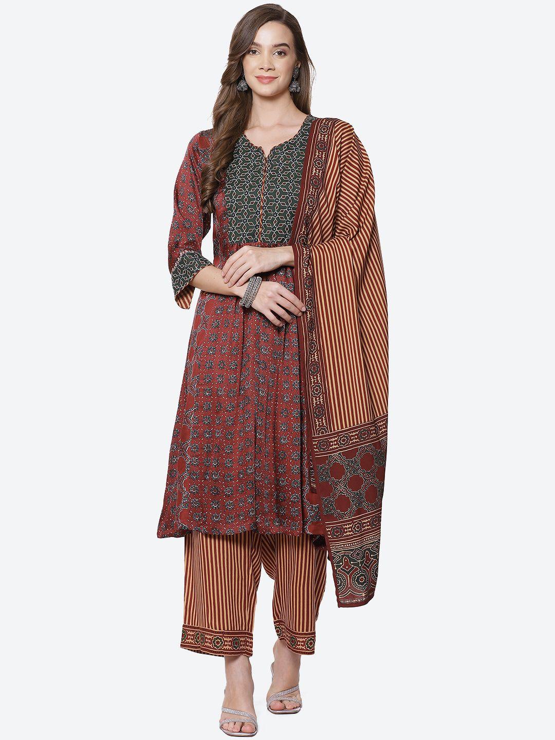 biba women maroon ethnic motifs printed pleated kurti with trousers & with dupatta