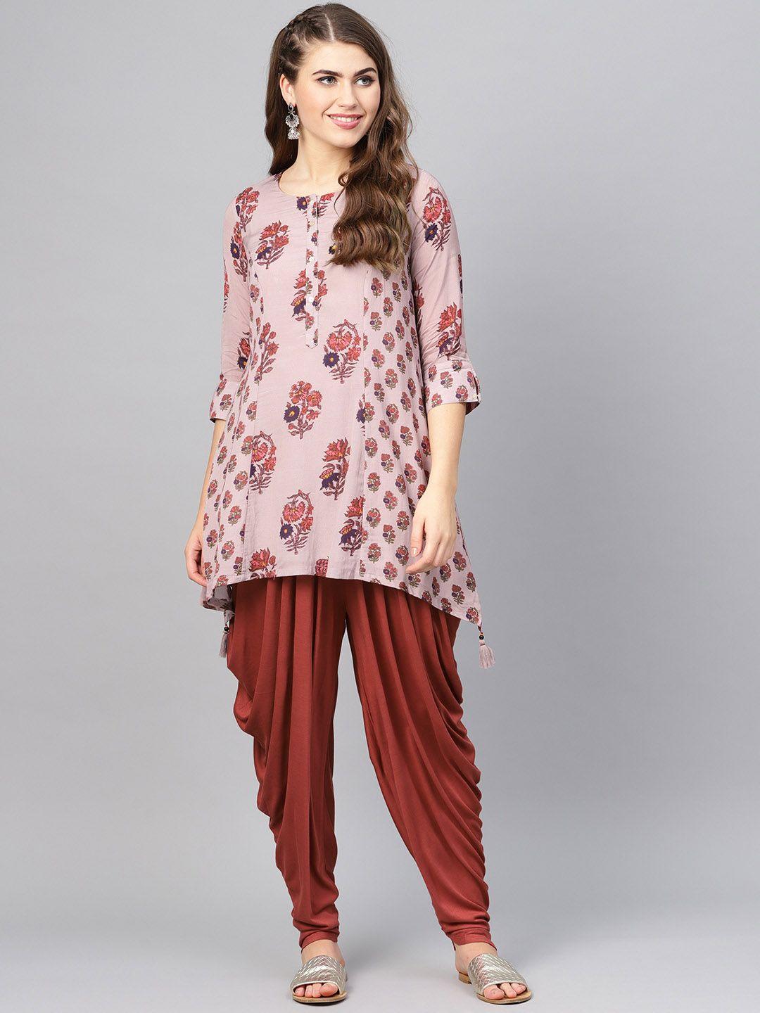 biba women mauve & rust red printed kurti with dhoti pants