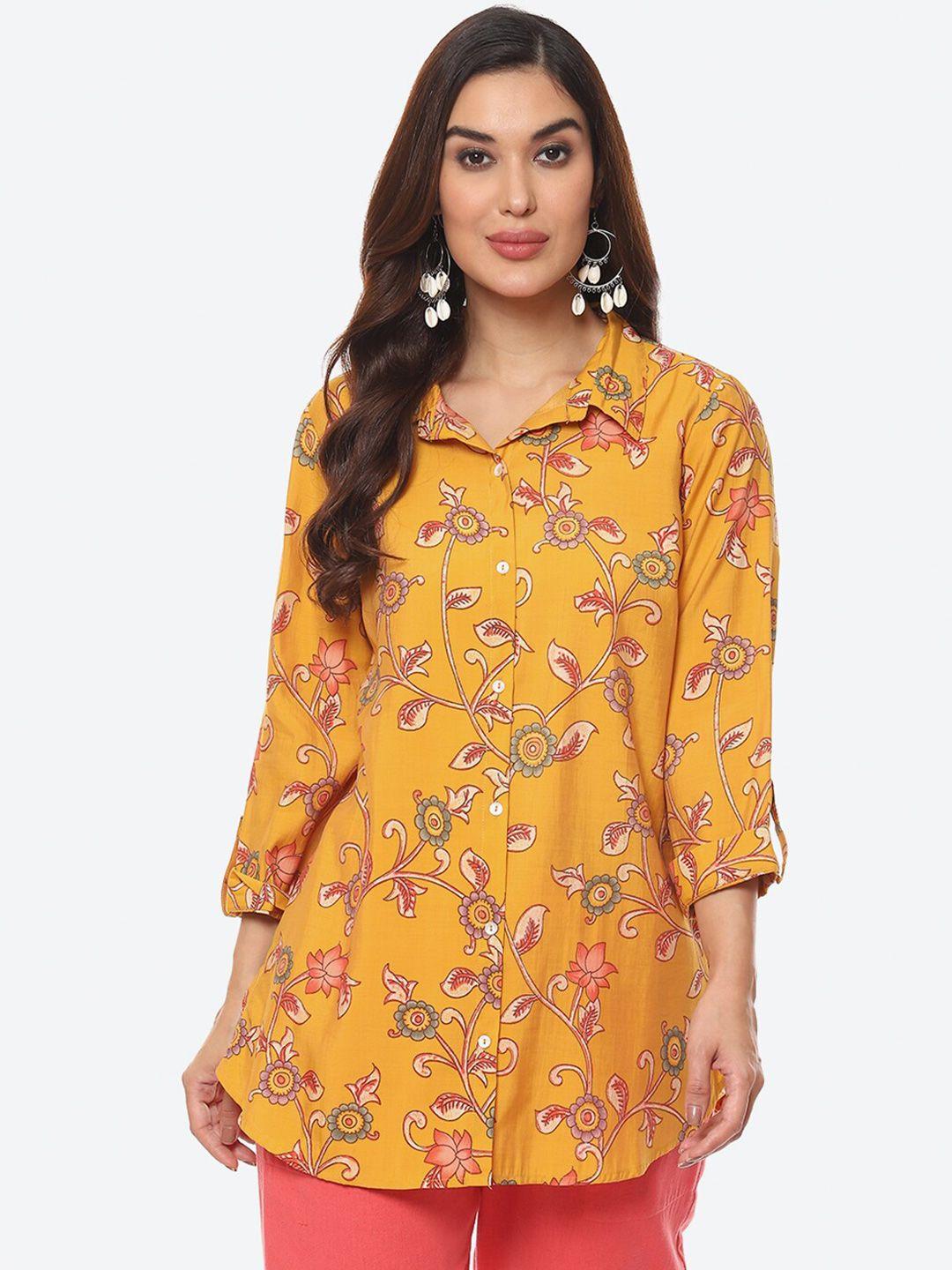 biba women mustard classic floral printed casual shirt