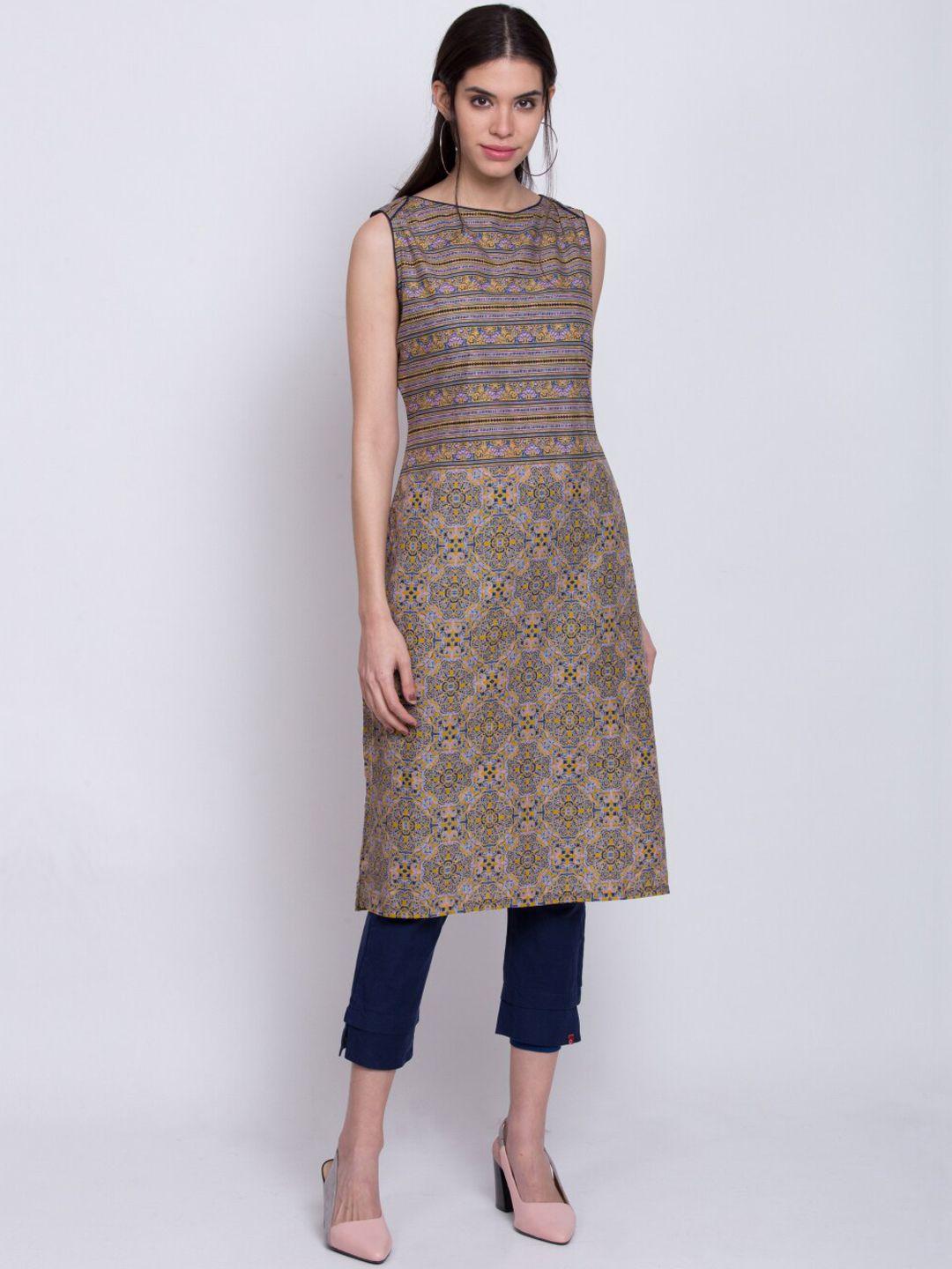 biba women mustard yellow & black printed straight kurta