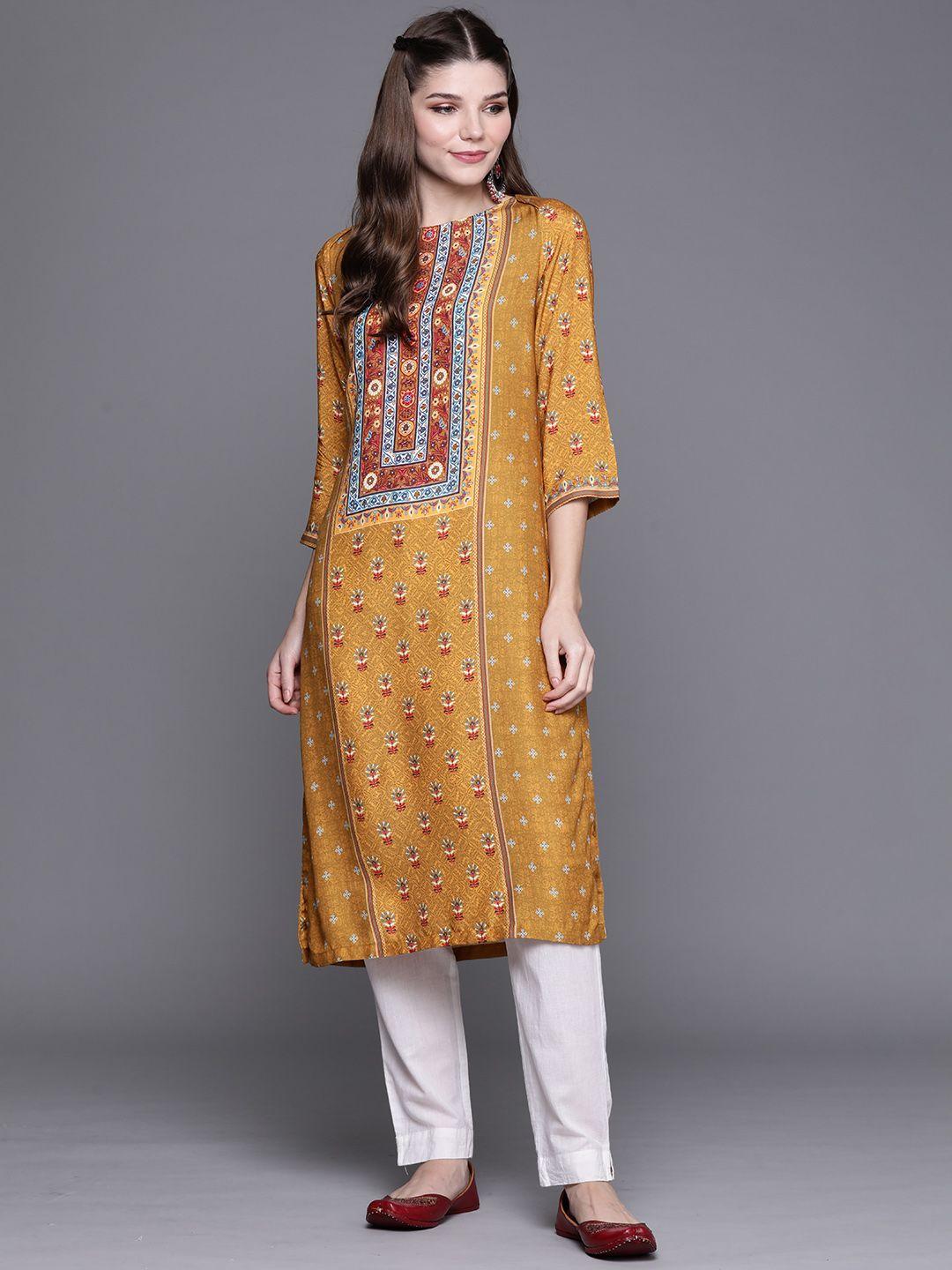 biba women mustard yellow & blue ethnic motifs printed kurta