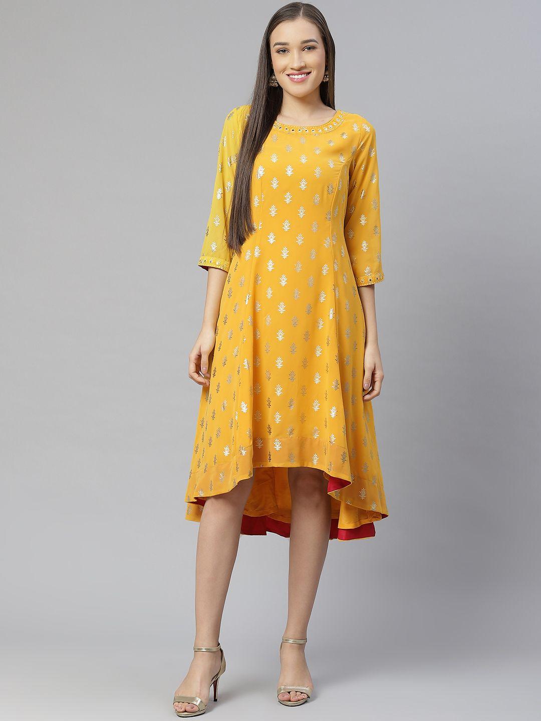 biba women mustard yellow & golden printed high low a-line dress