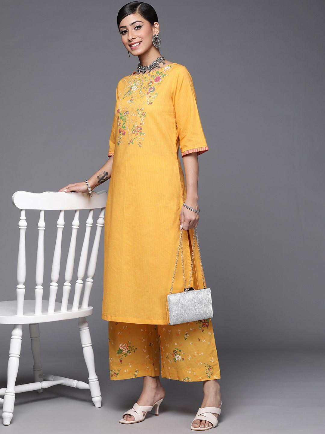 biba women mustard yellow & green floral yoke print pure cotton kurta with palazzos