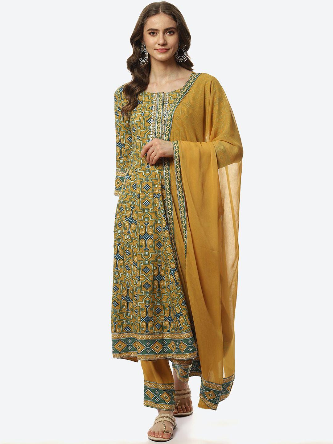 biba women mustard yellow & green printed a-line kurta with trousers & with dupatta