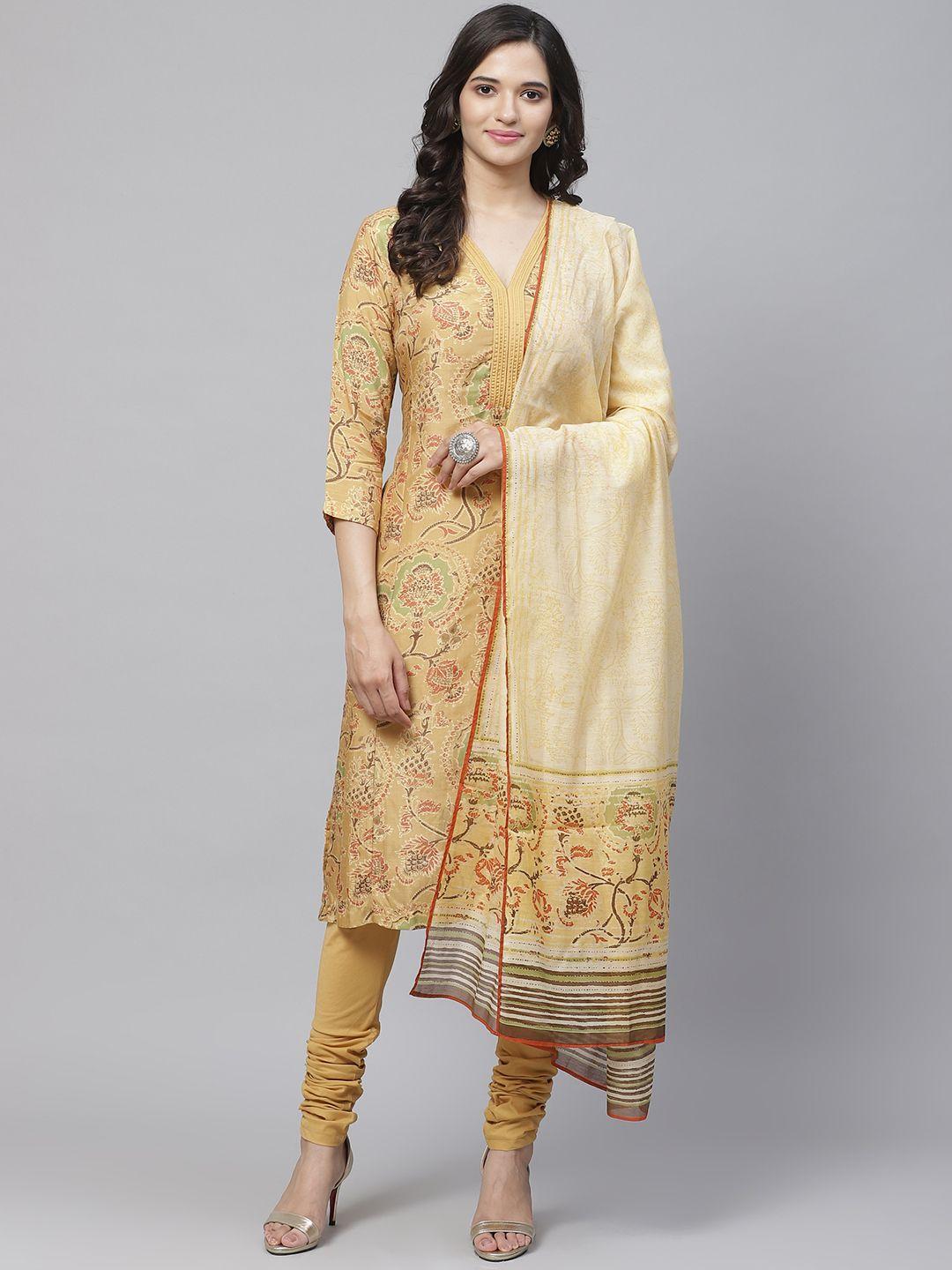 biba women mustard yellow & orange printed kurta with churidar & dupatta